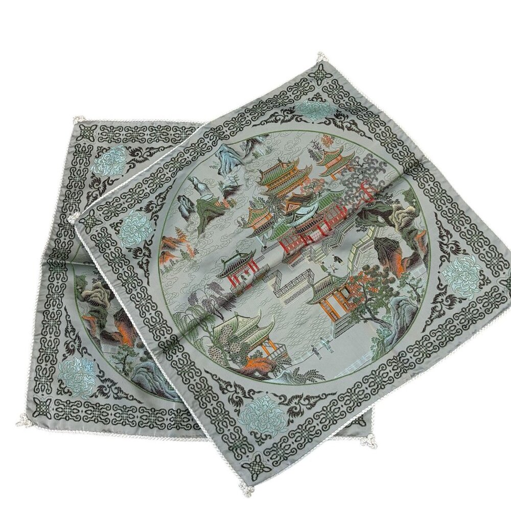 Vintage Chinese Silk Pillow Case Cover Set Pagoda Print & Elegant Fringe Edges N
